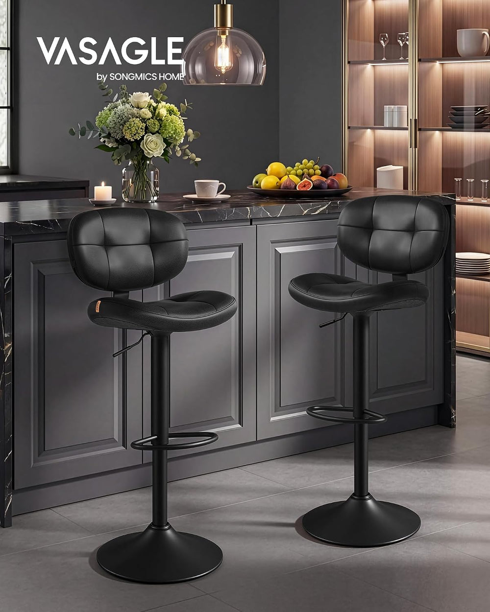 VASAGLE Bar Stools Set of 2, Height Adjustable Swivel Chairs, PU Leather
