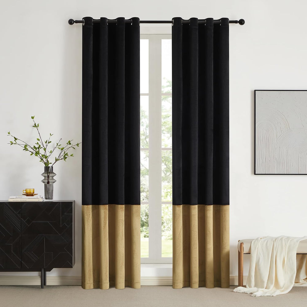 BULBUL Black Gold 100% Full Blackout Velvet Curtains,63 inches Long Modern Li...