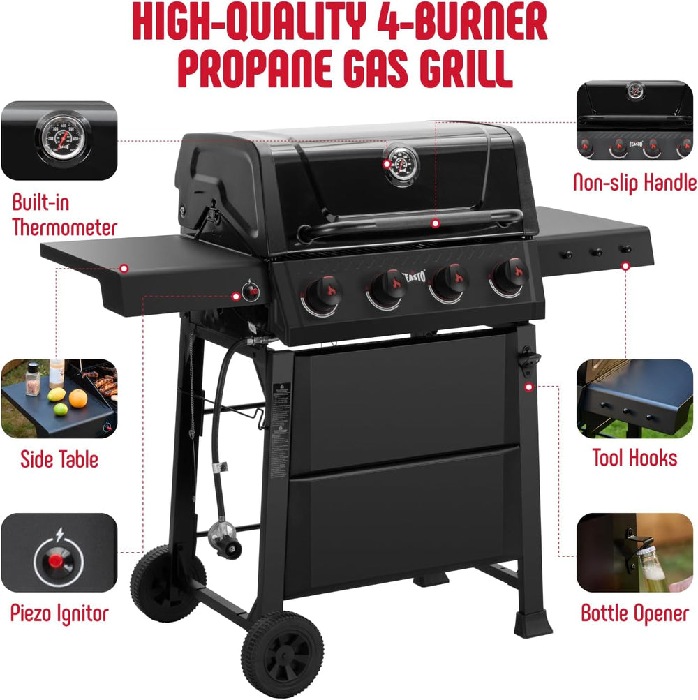 Feasto 4-Burner Propane Grill with Ceramic Burner Chamber, Black
