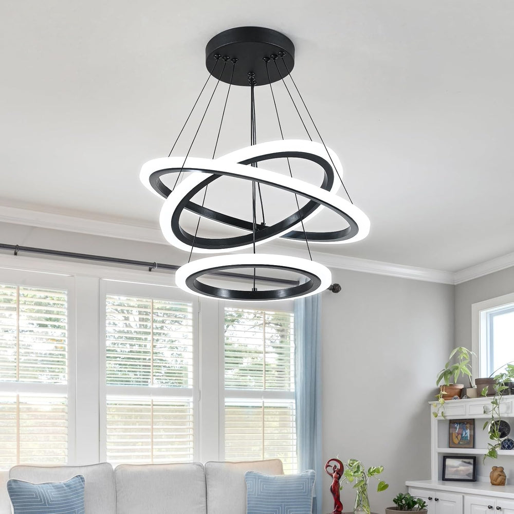 O'NEELDY Modern 3 Ring LED 52W Black Pendant Light with Irregular Ring Li...
