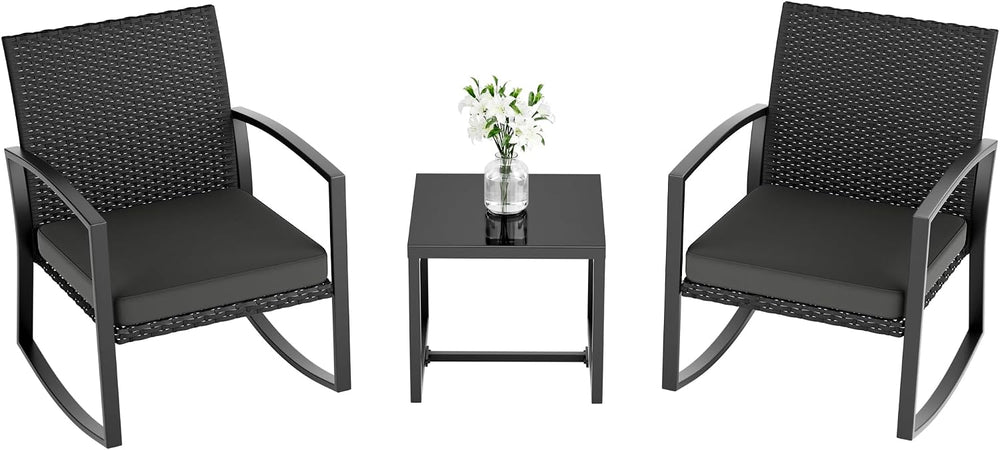 3 Pieces Outdoor Patio Set -Wicker Rattan Chair Conversation Set with Glass T...