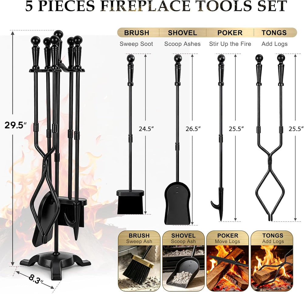 FEED GARDEN 5 Pieces Fireplace Tool Set with Stand,Wrought Iron,29.5” Black