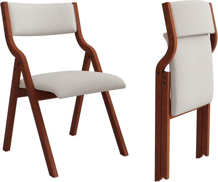 Ball & Cast Upholstered Folding Chairs Set of 2,with Padded Seat,Wooden Portable Dining Chairs W/Ergonomically Designed Back and Cushion,Easy Carry,No Need to Install,for Kitchen,White+Cherry