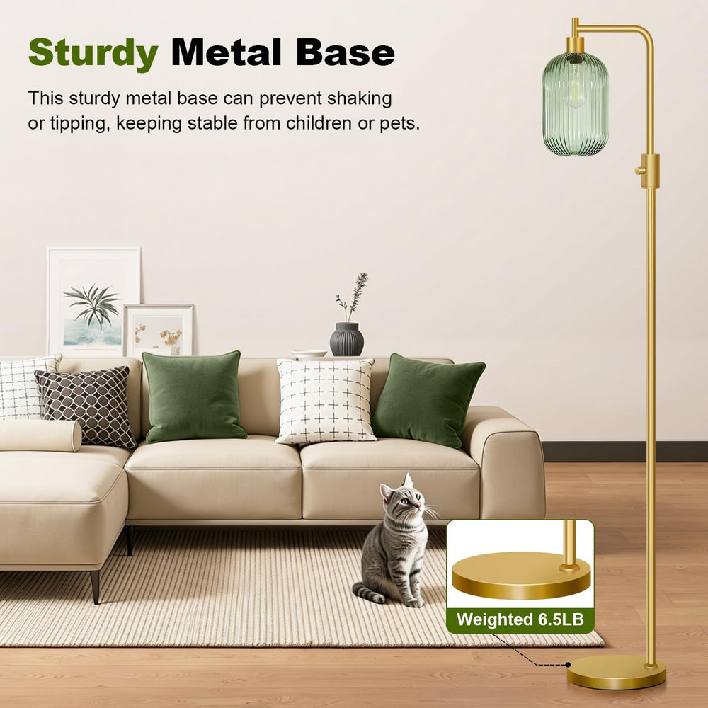 【Upgraded】 Dimmable Floor Lamp for Living Room with Green Ribbed Glass Lampsh...