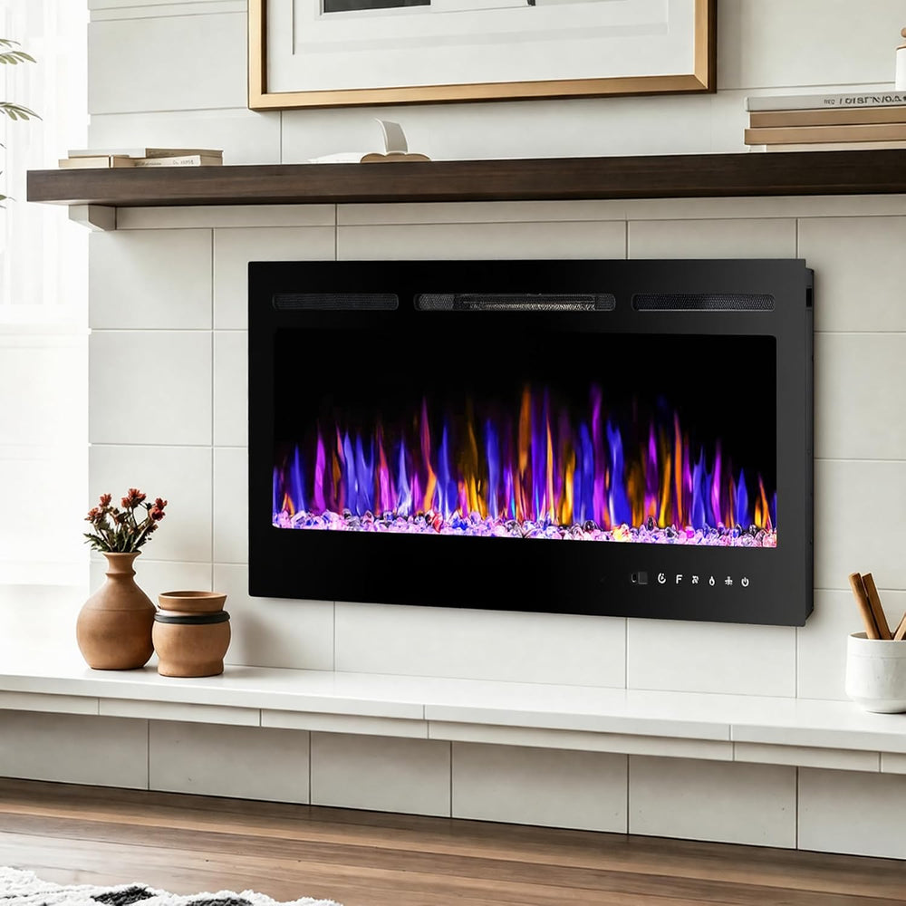 36" Electric Fireplace Wall Mounted and Recessed 750/1500w W/Remote Control