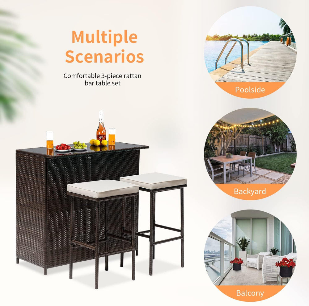 Wicker Patio Furniture 3 Piece Patio Bar Table Set Chairs Wicker Outdoor Ratt...