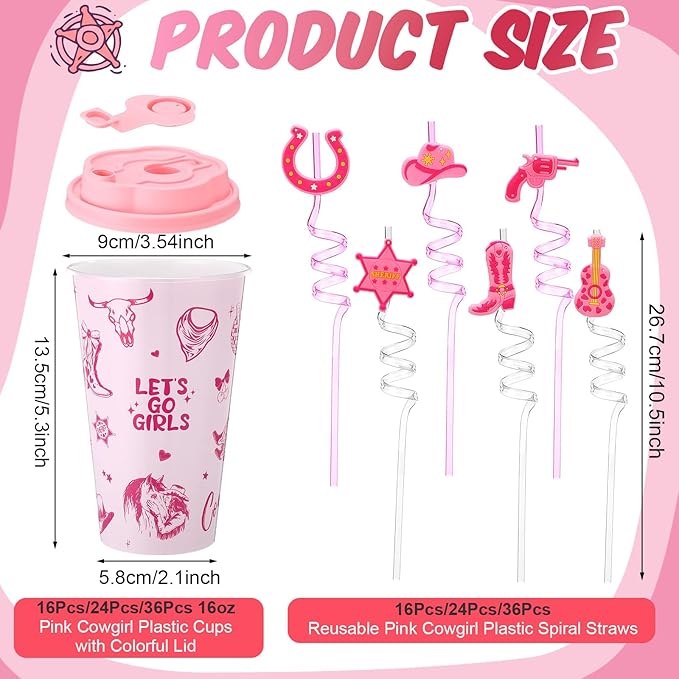Yungyan 36 Sets Pink Cowgirl Party Favors Goodie Cups with Lids and Straws fo...