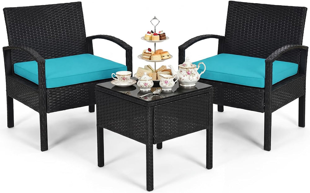 Tangkula 3 Pieces Patio Wicker Conversation Set, Outdoor Rattan Furniture wit...