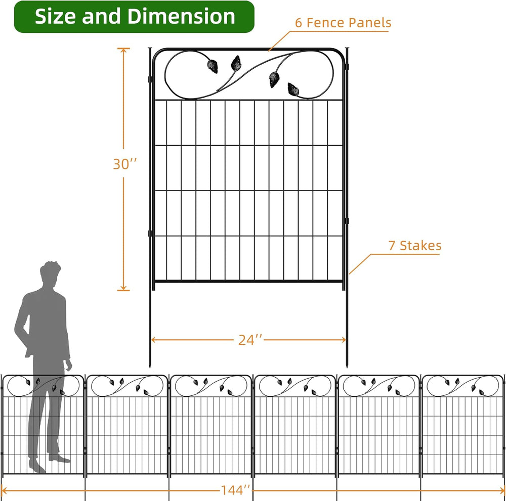 Black Metal Garden Fence 30in(H)X12ft(L) 6 Panels Decorative Garden Fencing