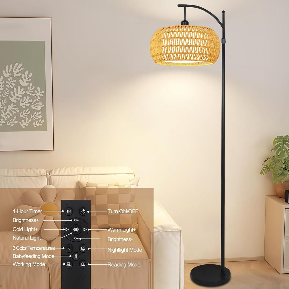 Arc Floor Lamps for Living Room Rattan Boho Floor Lamp with Remote Control,Di...