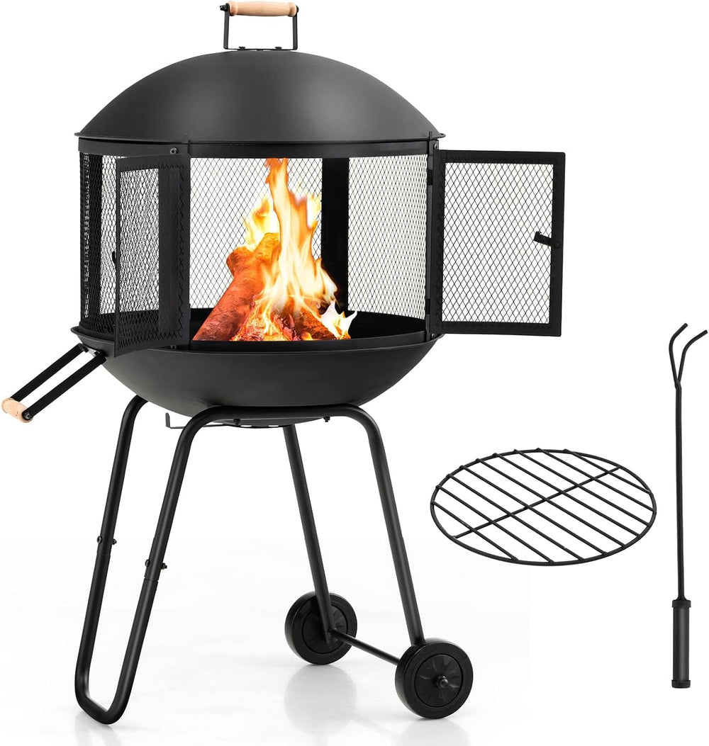 HAPPYGRILL 28” Outdoor Fire Pit with Lockable Doors, Fire Poker & Wheels