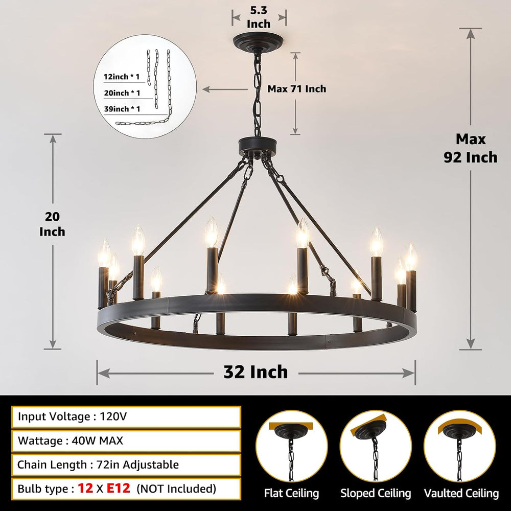 32" Wagon Wheel Light Fixture 12-Light Black Round Entryway Chandeliers