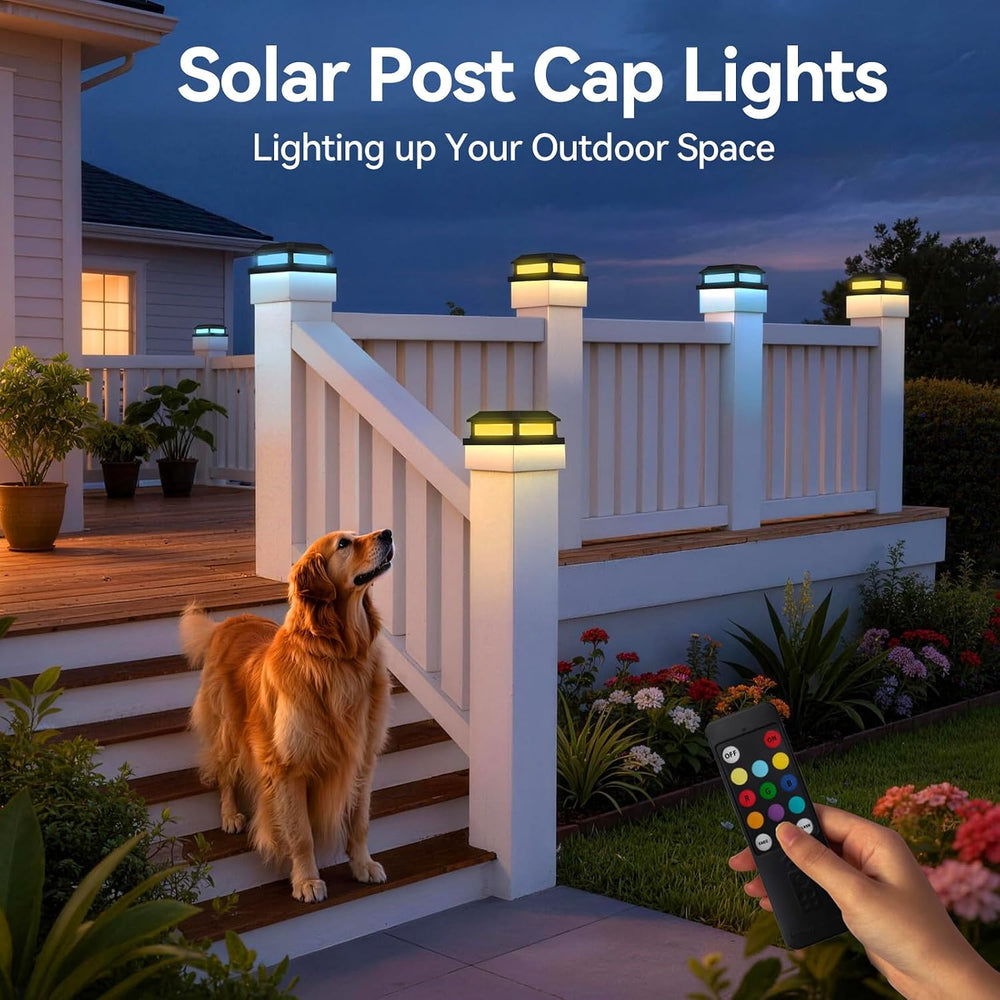 Solar Post Cap Lights Outdoor with Remote 6 Pack, Waterproof RGB Color Changi...