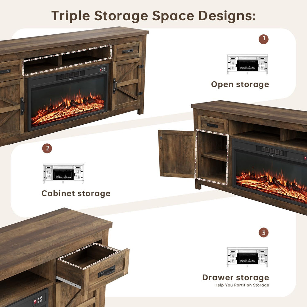 Fireplace TV Stand with Barn Door, 80 inch, Brown