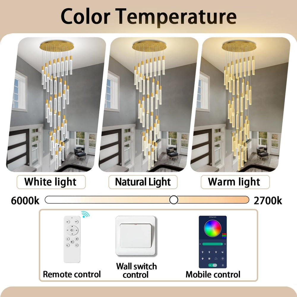 36-Light 200" High Ceiling Chandelier Long Spiral LED Dimmable Chandelie...