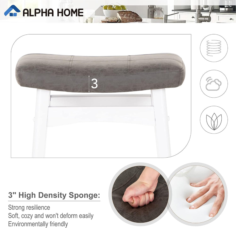 ALPHA HOME 24 Inch Bar Stools Set of 4, Solid Wood Saddle Kitchen Stools