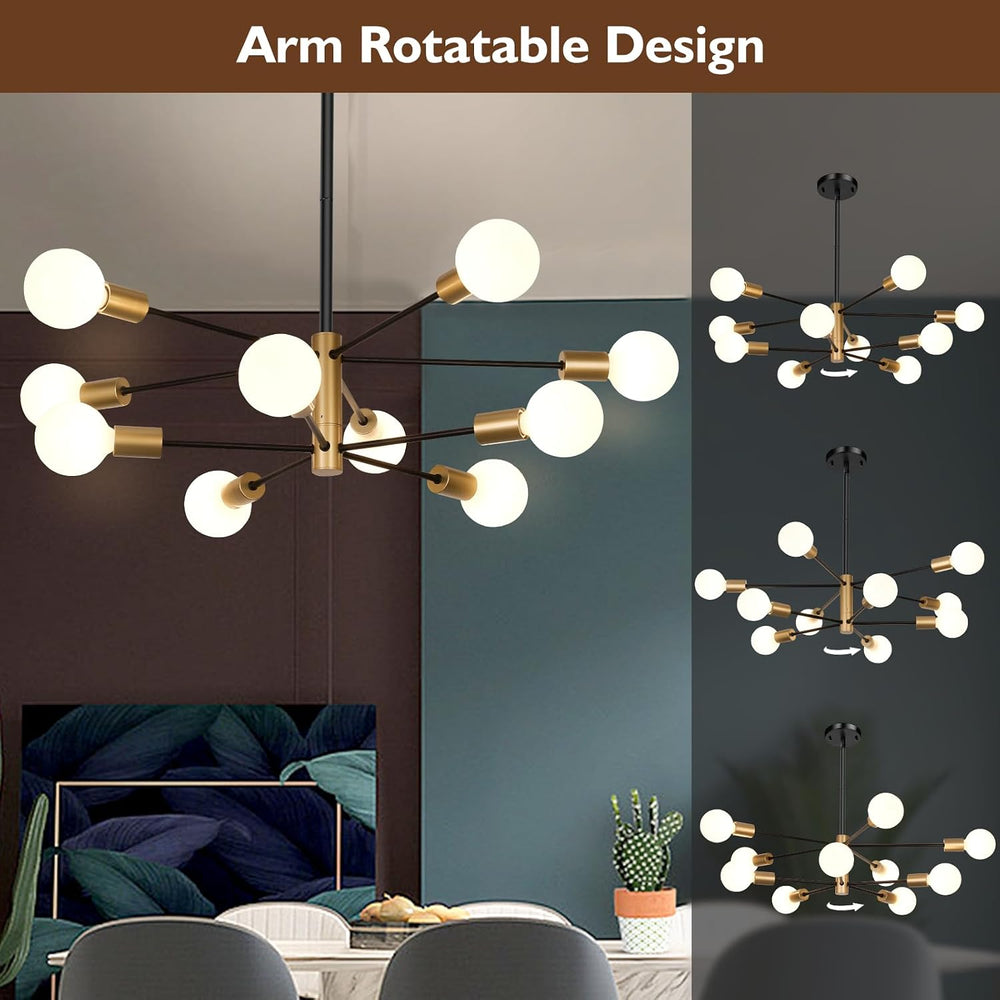 Sheetea 10-Light Chandelier, Dining Room Light Fixture Black and Gold