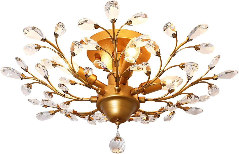 Garwarm Gold Flush Mount Chandelier, 4-Light Crystal Ceiling Light