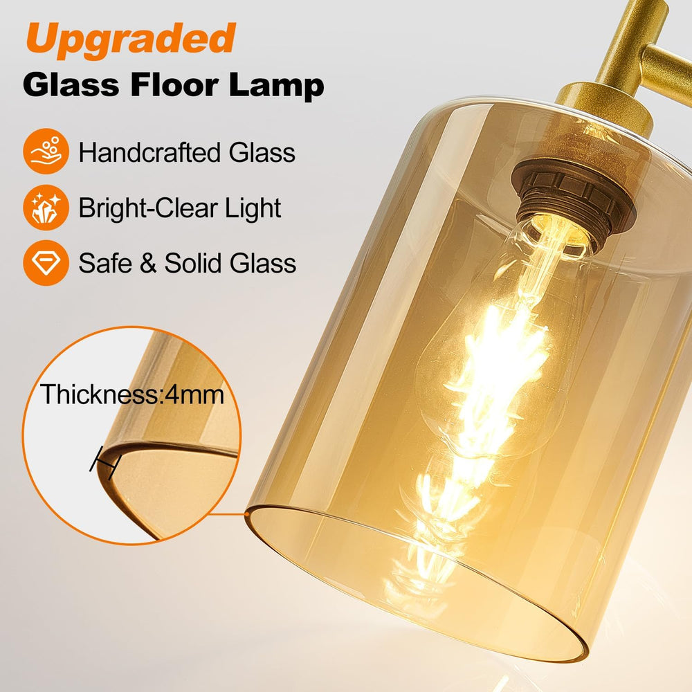 【Upgraded】 Dimmable Floor Lamp for Living Room with Amber Glass Lampshade, Go...