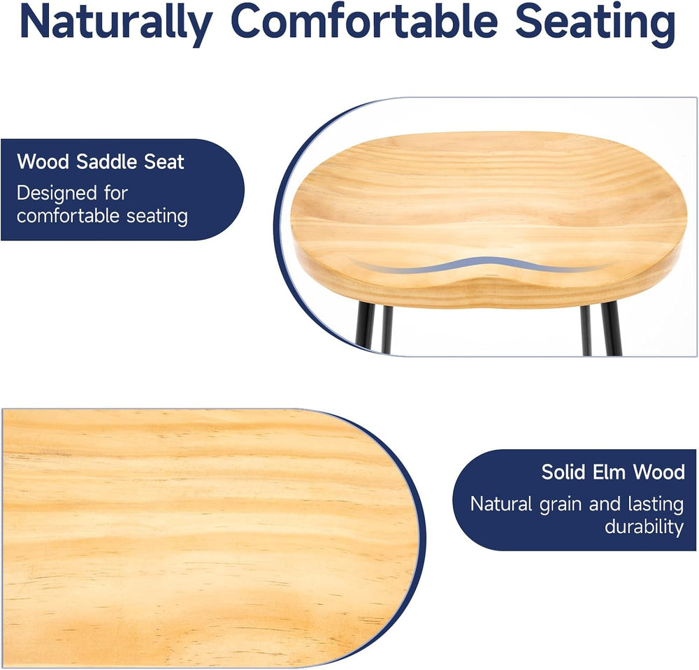 Bar Stools Set of 2, 24'' Counter Height Rustic Wooden Saddle Seat Na...