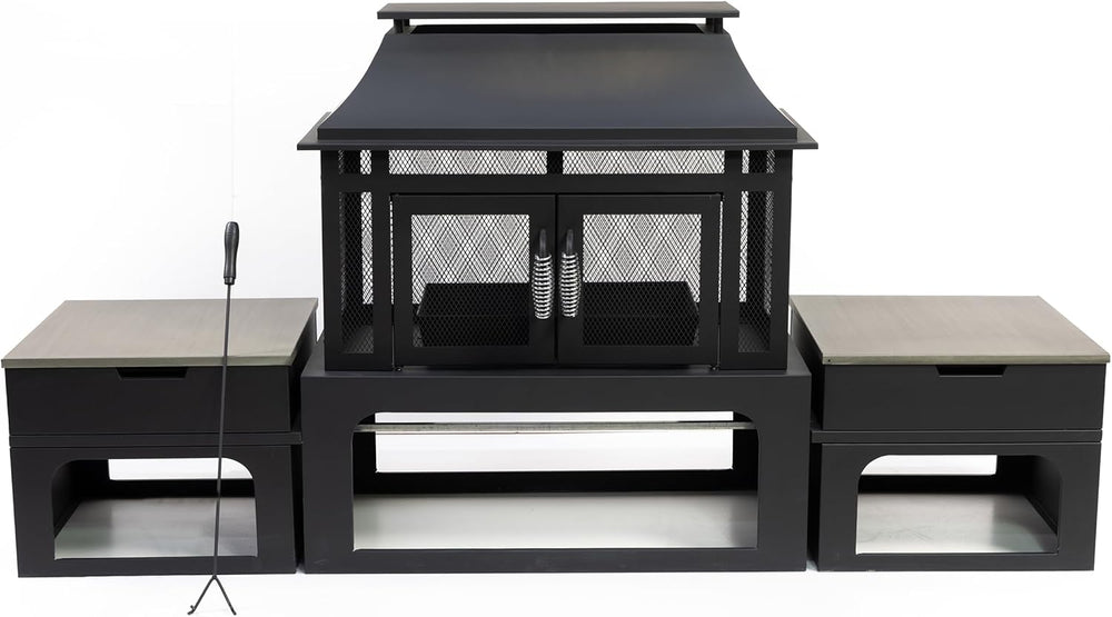 70 Inch Rectangular Outdoor Steel Woodburning Fireplace with Side Tables - In...