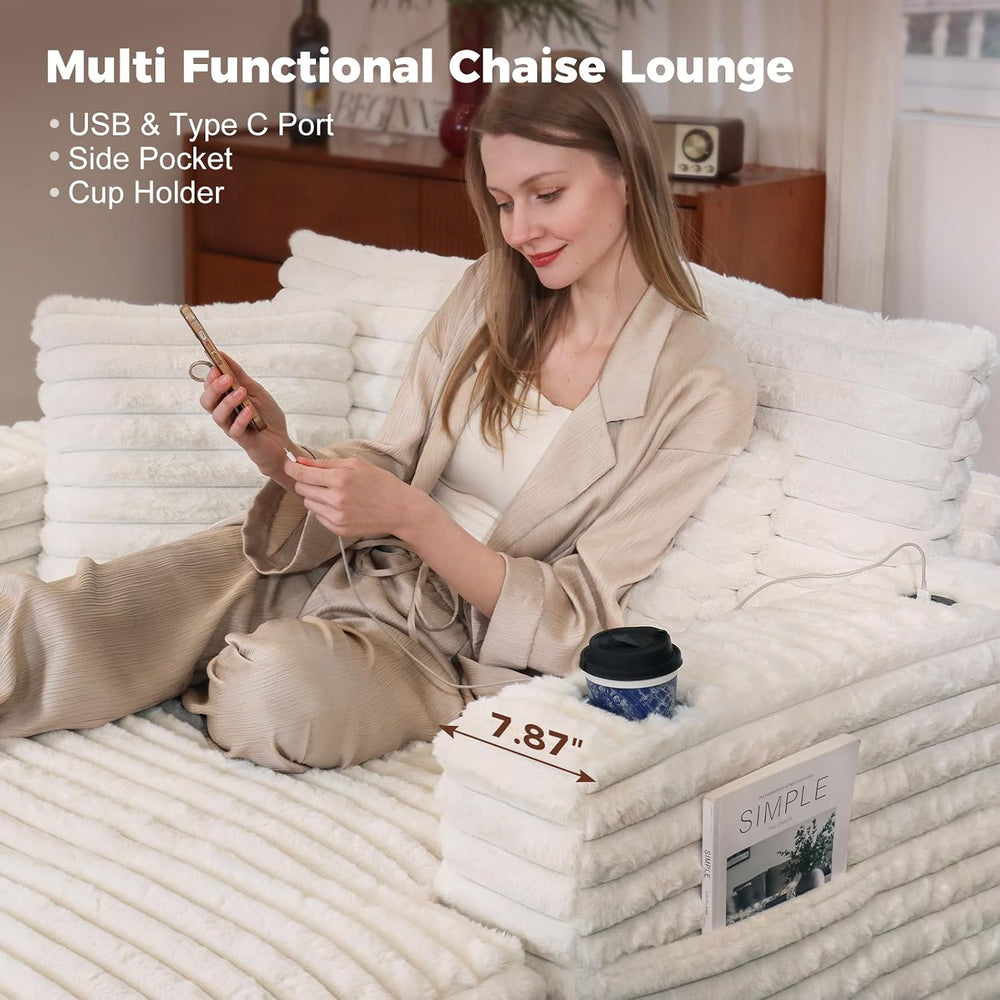 60" Oversized Chaise Lounge Chair with Wood Frame, USB Charging Port, Beige