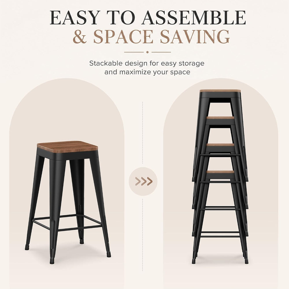 24" Metal Bar Stools Set of 4 Black Counter Height Stools with Wood Seat...