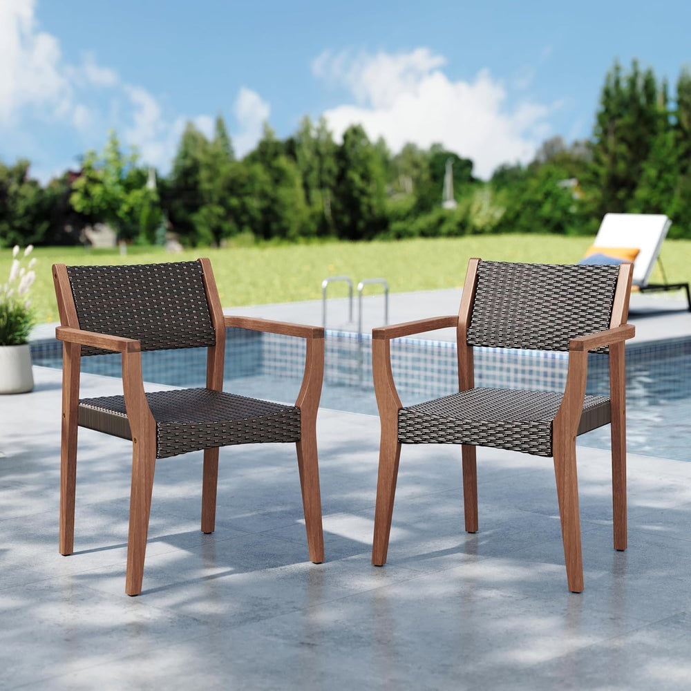 MFSTUDIO Patio Acacia Wood Dining Chairs w/Wicker Seat & Back, 2 PCS