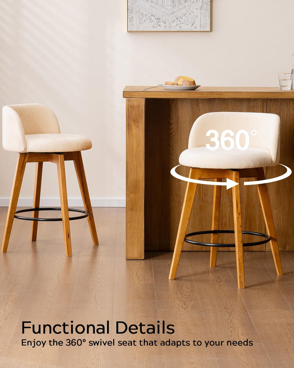 EYYTHUNG 26" Counter Height Bar Stools Set of 2 Mid Century Modern Farmh...