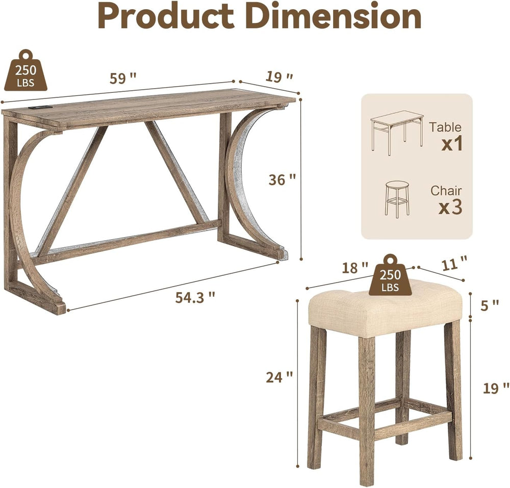 59" Counter Height Bar Table Set with Power Outlet, Industrial Breakfast...