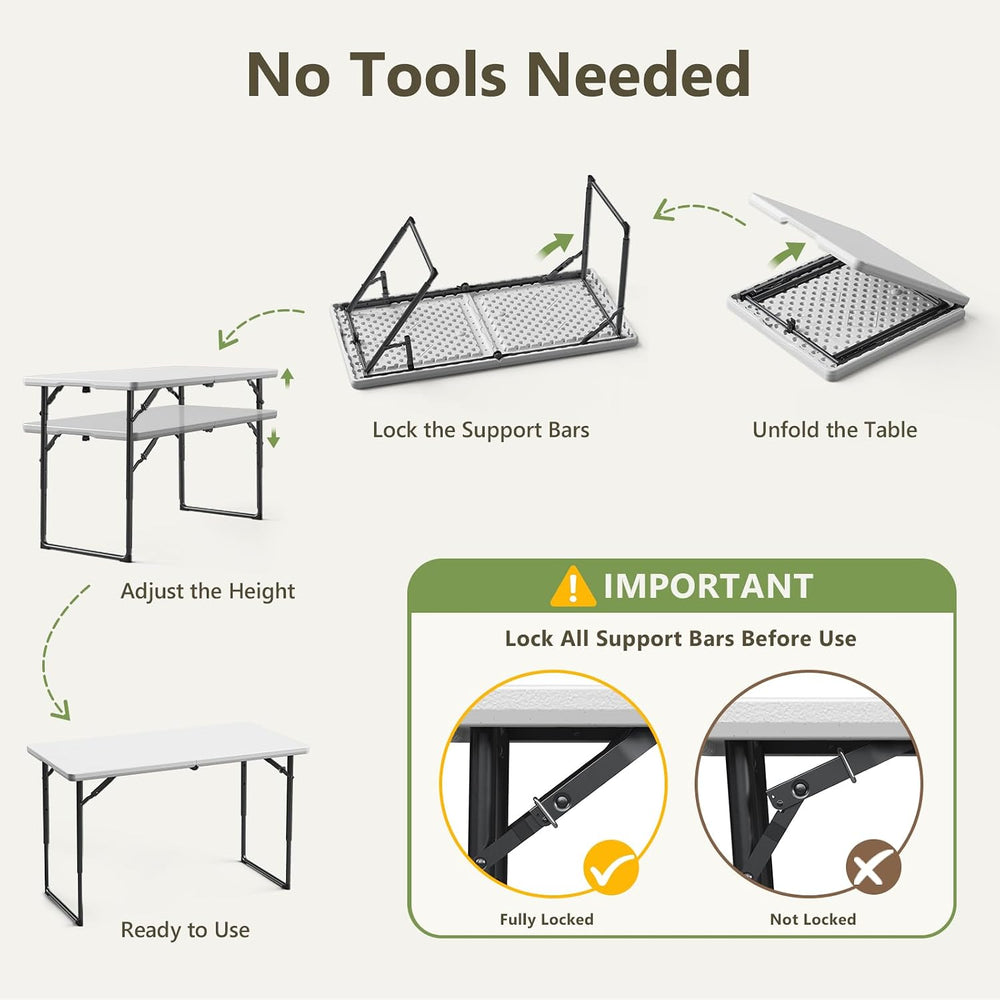 Folding Table 2 Pack, 4 FT Foldable Plastic Table with Adjustable Height, Hea...