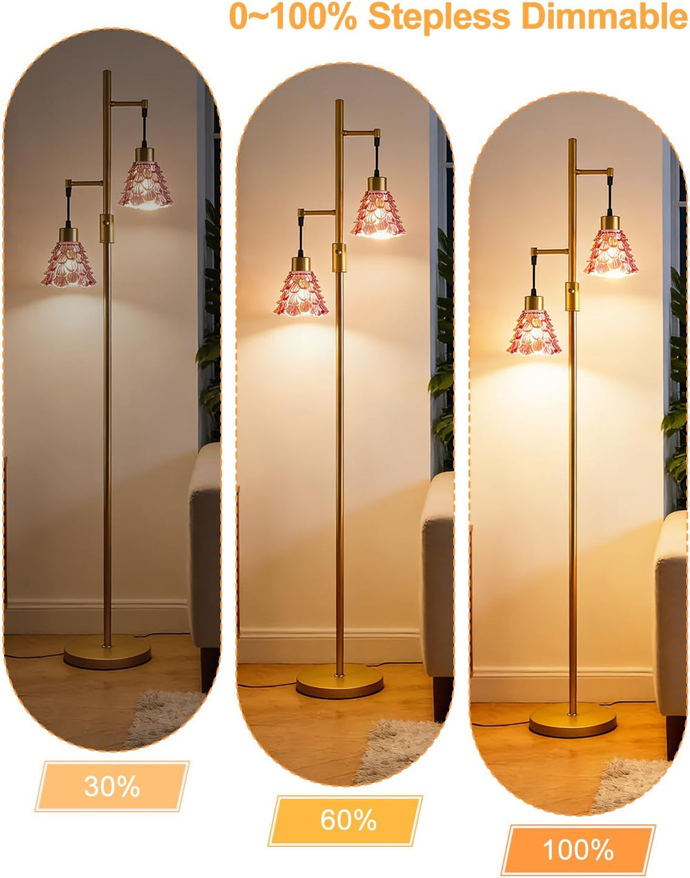Red Glass Floor Lamp Dimmable 2-Light Modern Gold Tall Floor Lamp