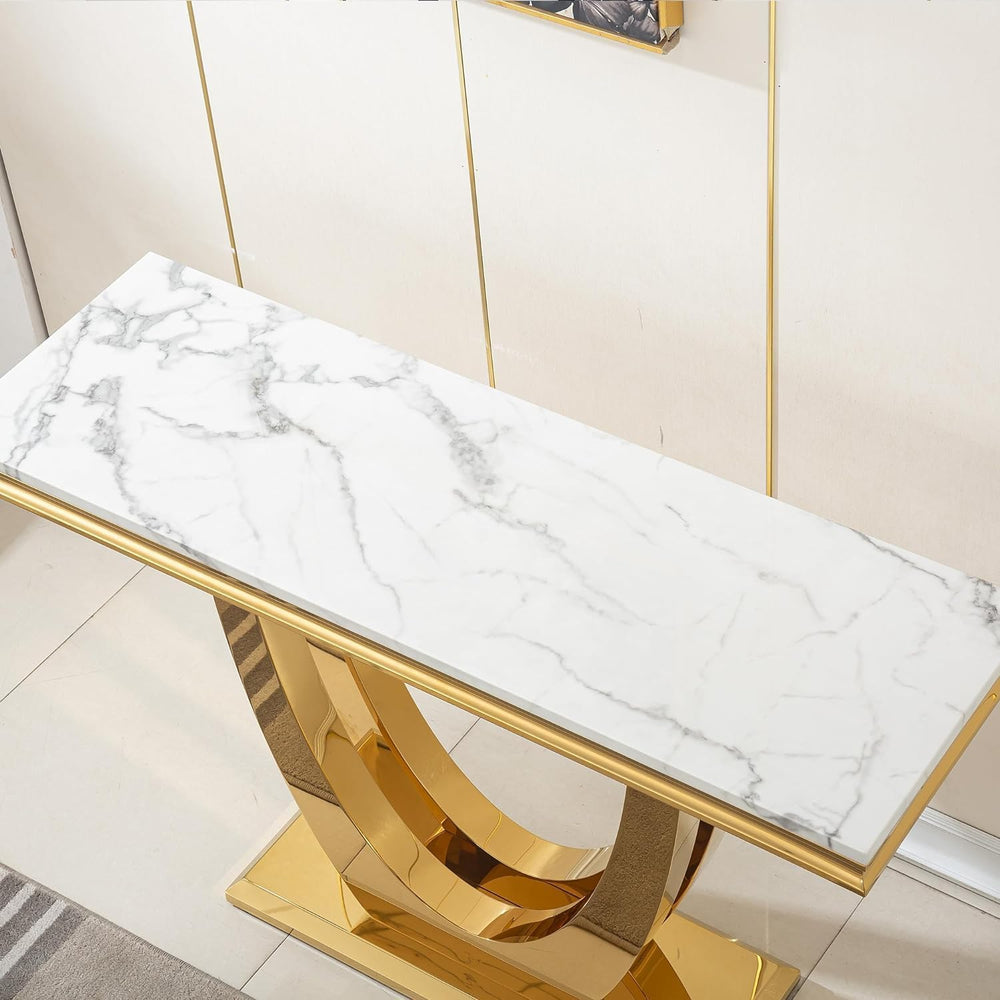 46.85" White Marble Console Table for Living Room, Faux Marble Sofa Tabl...