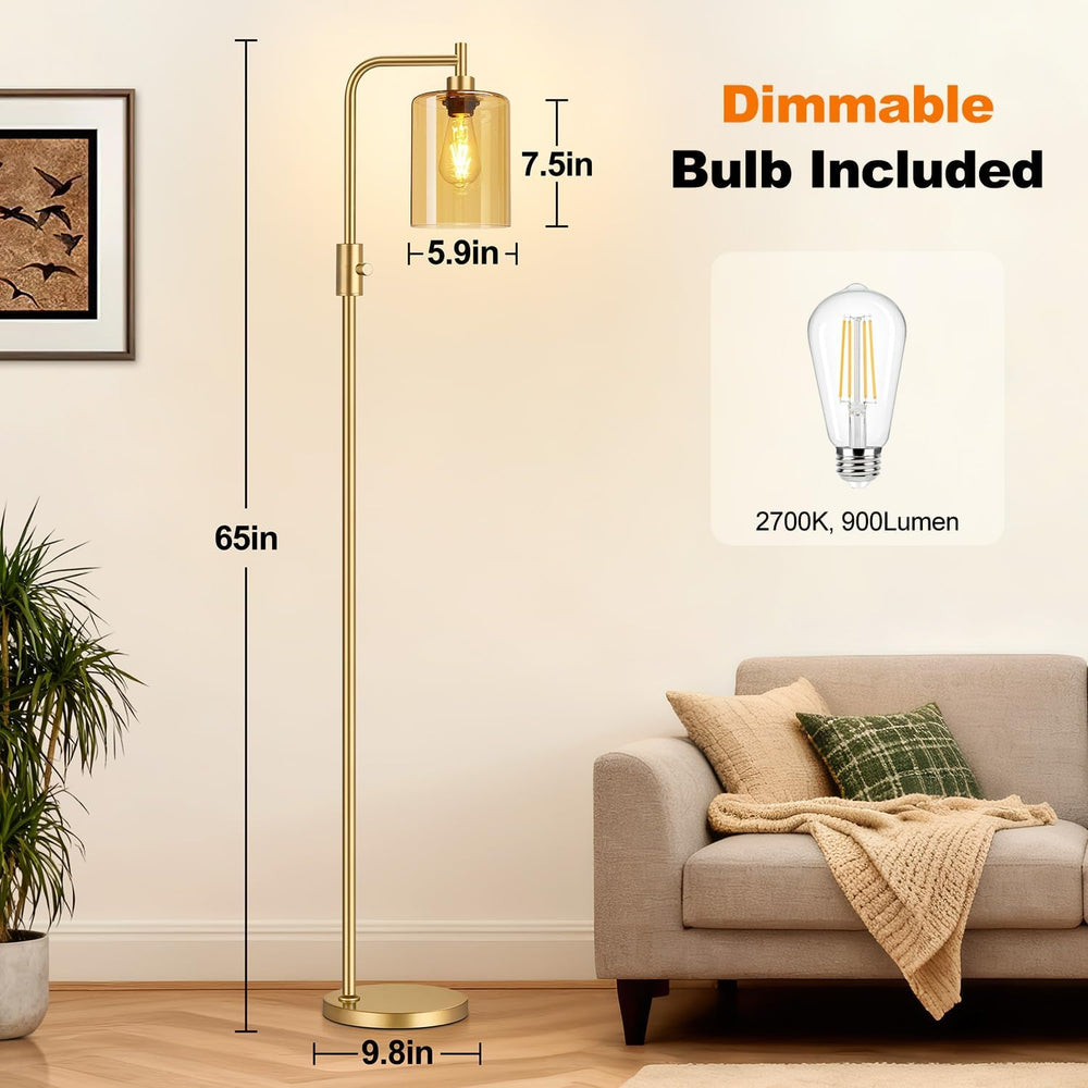 【Upgraded】 Dimmable Floor Lamp for Living Room with Amber Glass Lampshade, Go...