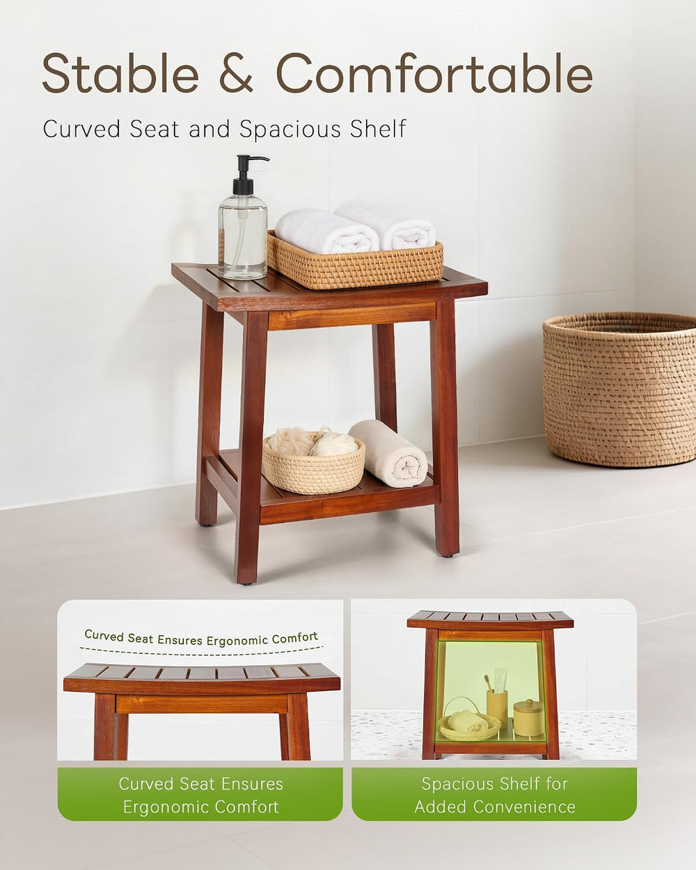 Upolana Teak Shower Bench, 16" Solid Acacia Wood Shower Stool Waterproof...