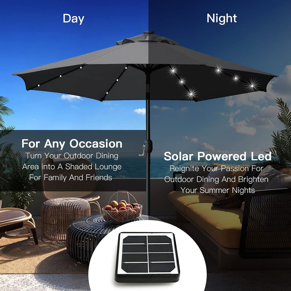 Sunnyglade 9' Solar LED Patio Umbrella, 8 Ribs, Tilt & Crank (Grey)