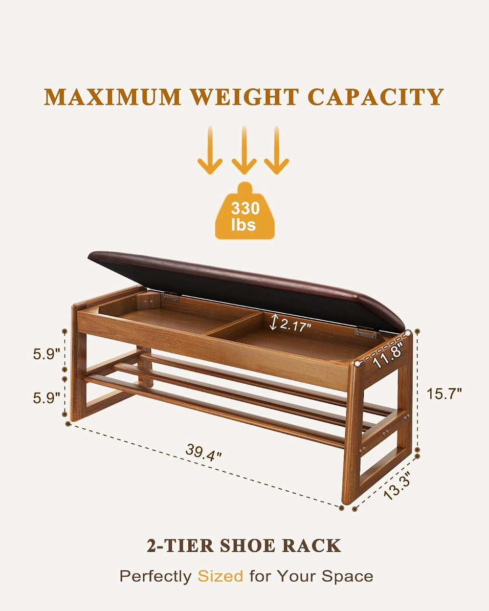 Shoe Rack Bench with Hidden Storage, 2-Tier Solid Rubberwood Entryway Bench w...