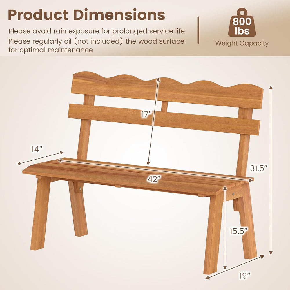 Tangkula Acacia Wood Outdoor Bench with Backrest, 2-Person Patio Garden Bench...