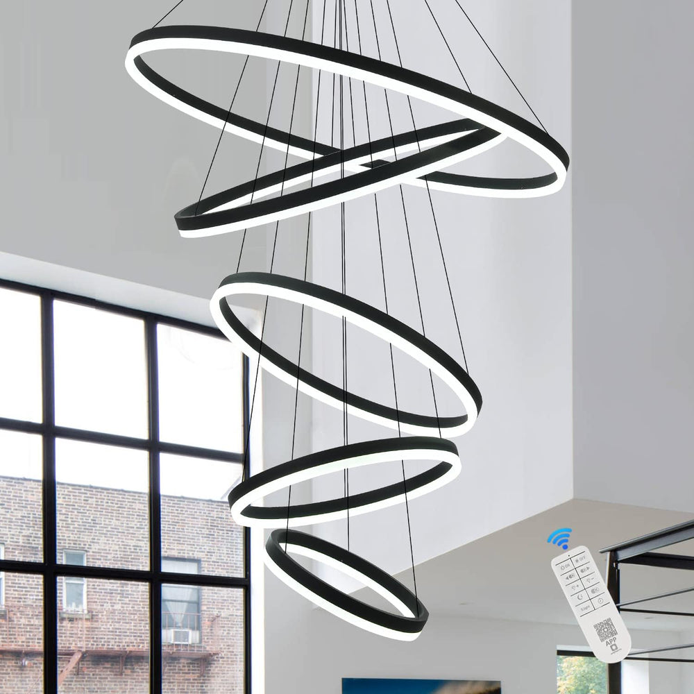 5-Rings Modern LED Chandelier Black Dimmable High Ceiling Chandelier for Dini...