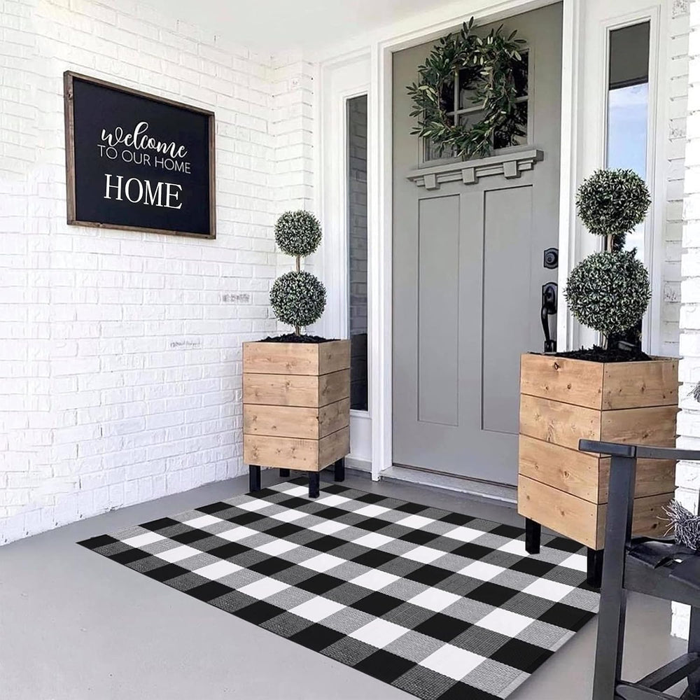 MUBIN Fall Decor Cotton Buffalo Plaid Rug, 3' x 5' Black and White Ou...