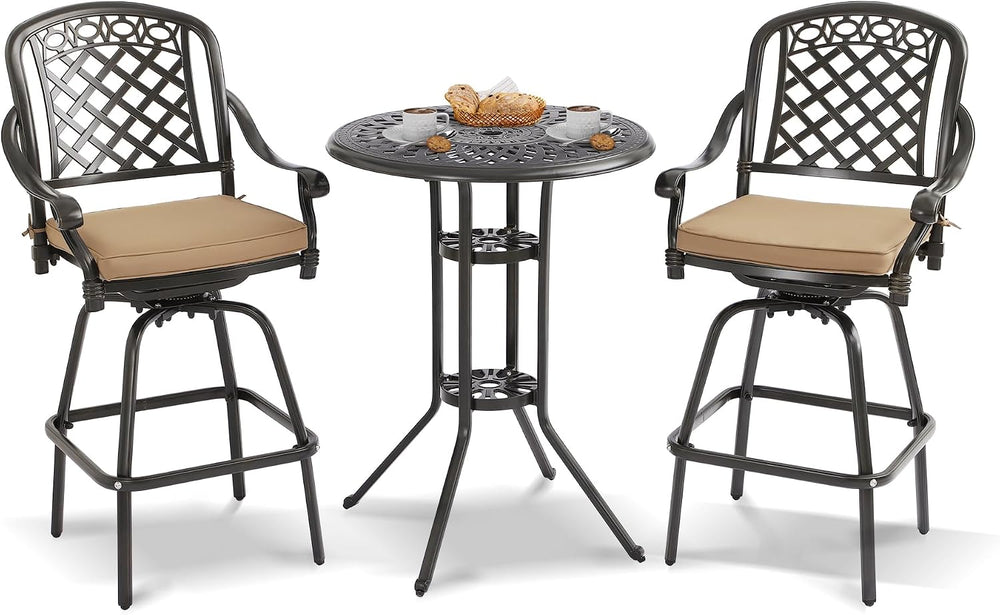 3-Piece Cast Aluminum Patio Bar Set, Outdoor Round High Top Table & 2 Swi...