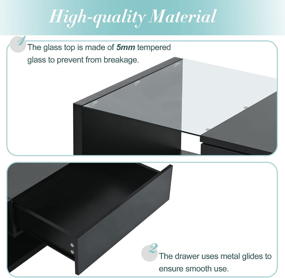 Modern Coffee Table with Tempered Glass, Wooden Cocktail Table with High-Glos...