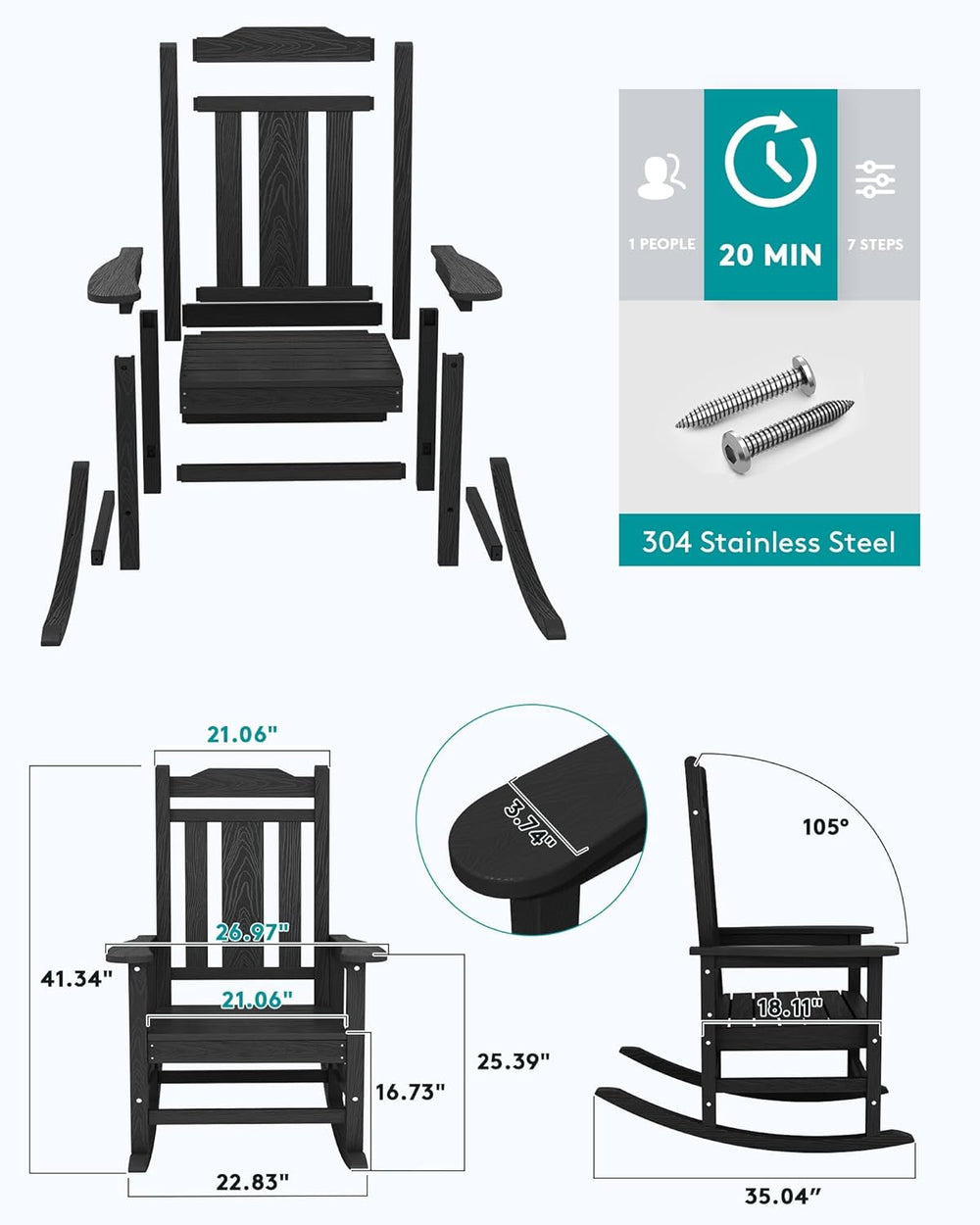 SERWALL HDPE Oversized Outdoor Rocking Chairs Set of 2, Patio Rocker, Black