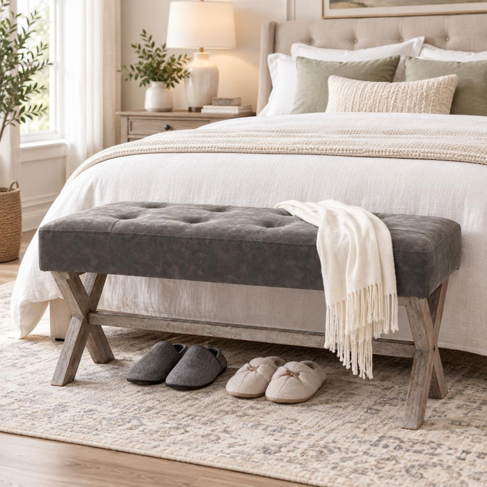 chairus 36" PU Leather Farmhouse Entryway Bench End of Bed Bench, Gray
