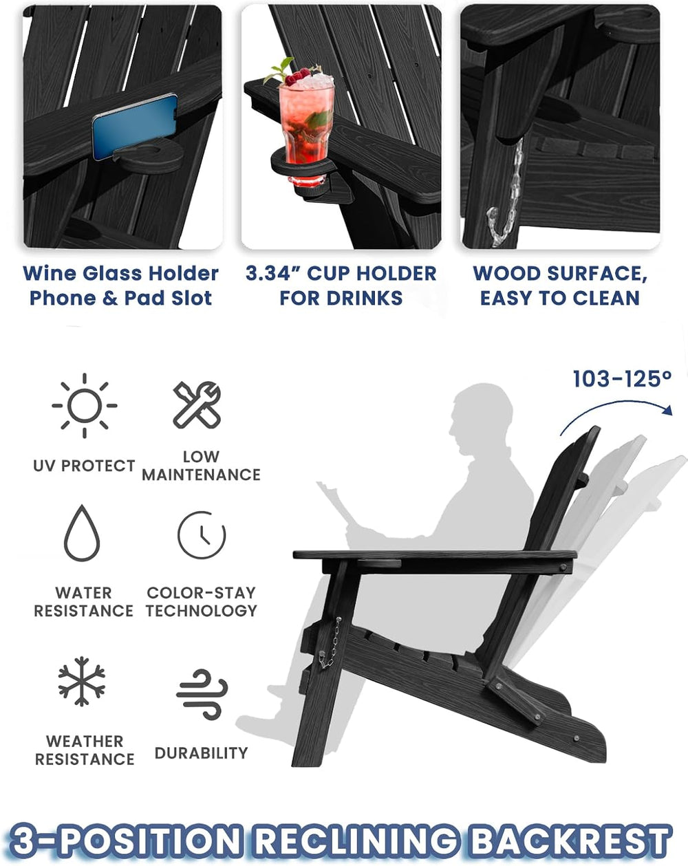 Folding Adirondack Chair with Cup & Wine Holder, HDPE Plastic Patio Chairs