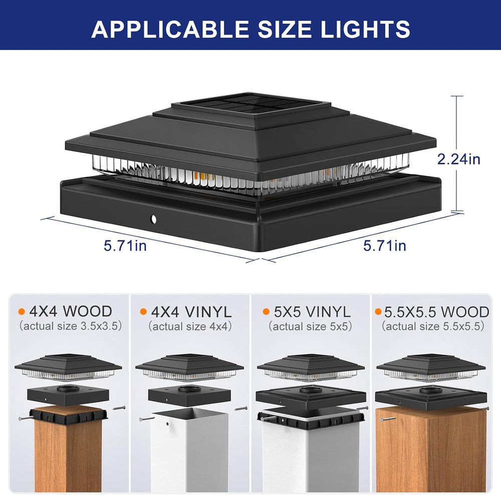 APONUO Solar Post Cap Lights 6-Pack, Black IP64 Waterproof 16 LED Fence Post ...