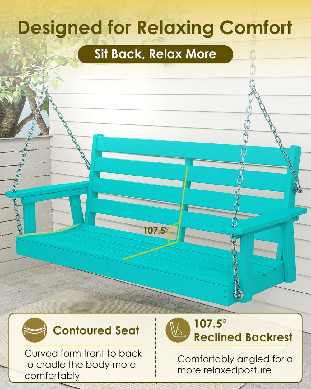 GREENVINES Outdoor Porch Swing, 2-Person HDPE Patio Bench Swings, Aqua