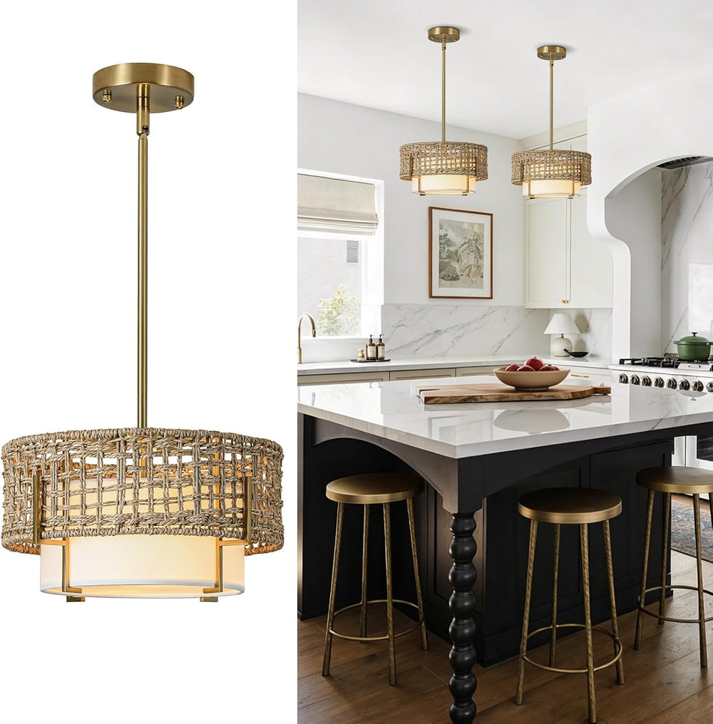 12.6" Rattan Pendant Light, Boho Chandelier for Kitchen Island