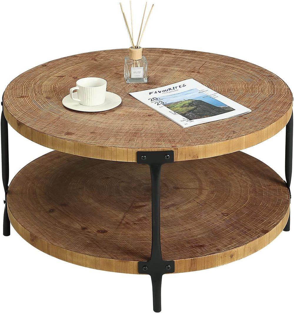 Awescuti Round Boho Wood Coffee Table - 29.1" Farmhouse Natural Circle W...