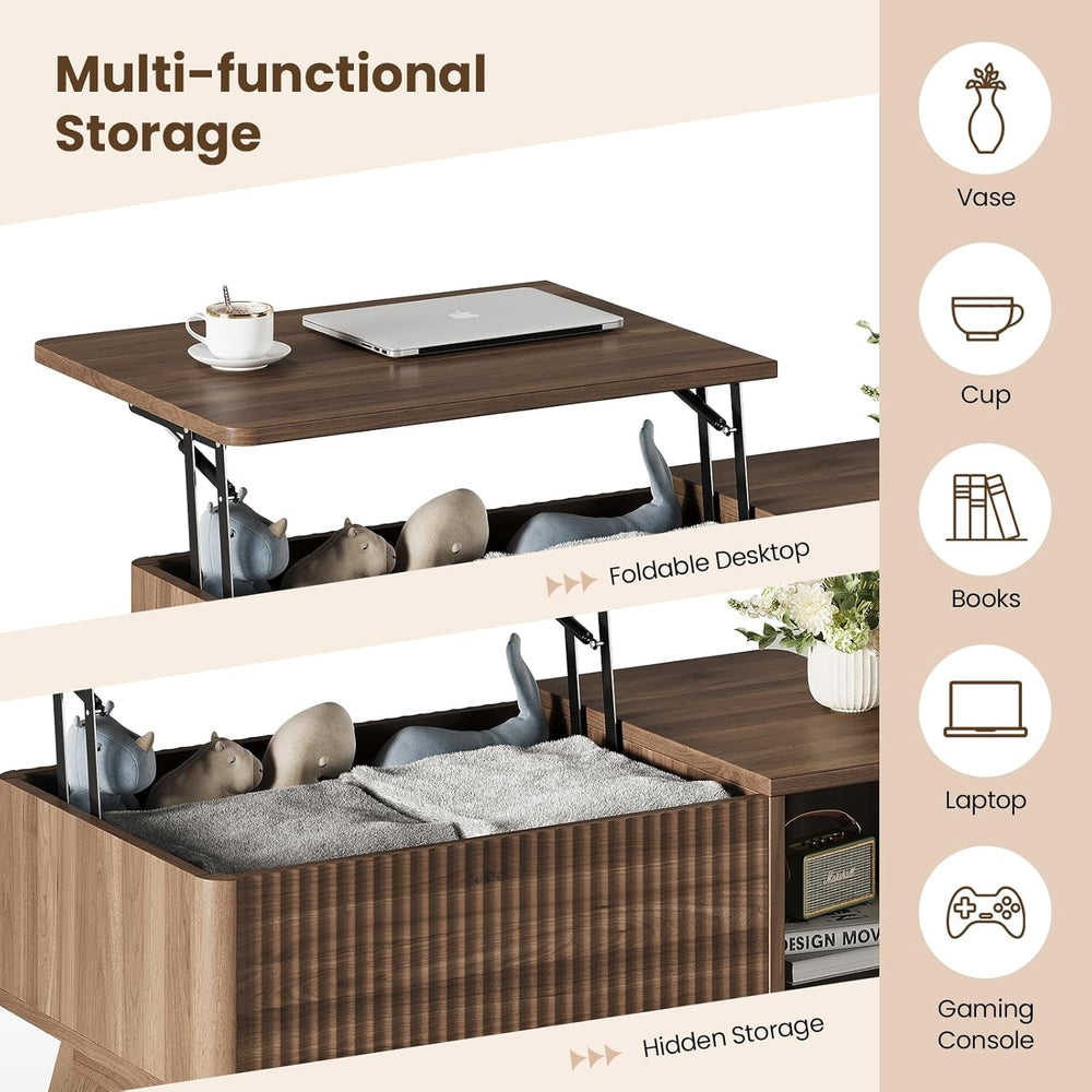Lift Top Coffee Table, Fluted Hidden Storage Table for Living Room, Walnut